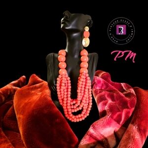 Vintage Tangerine Beaded Necklace & Earring Set - Discounted Shipping